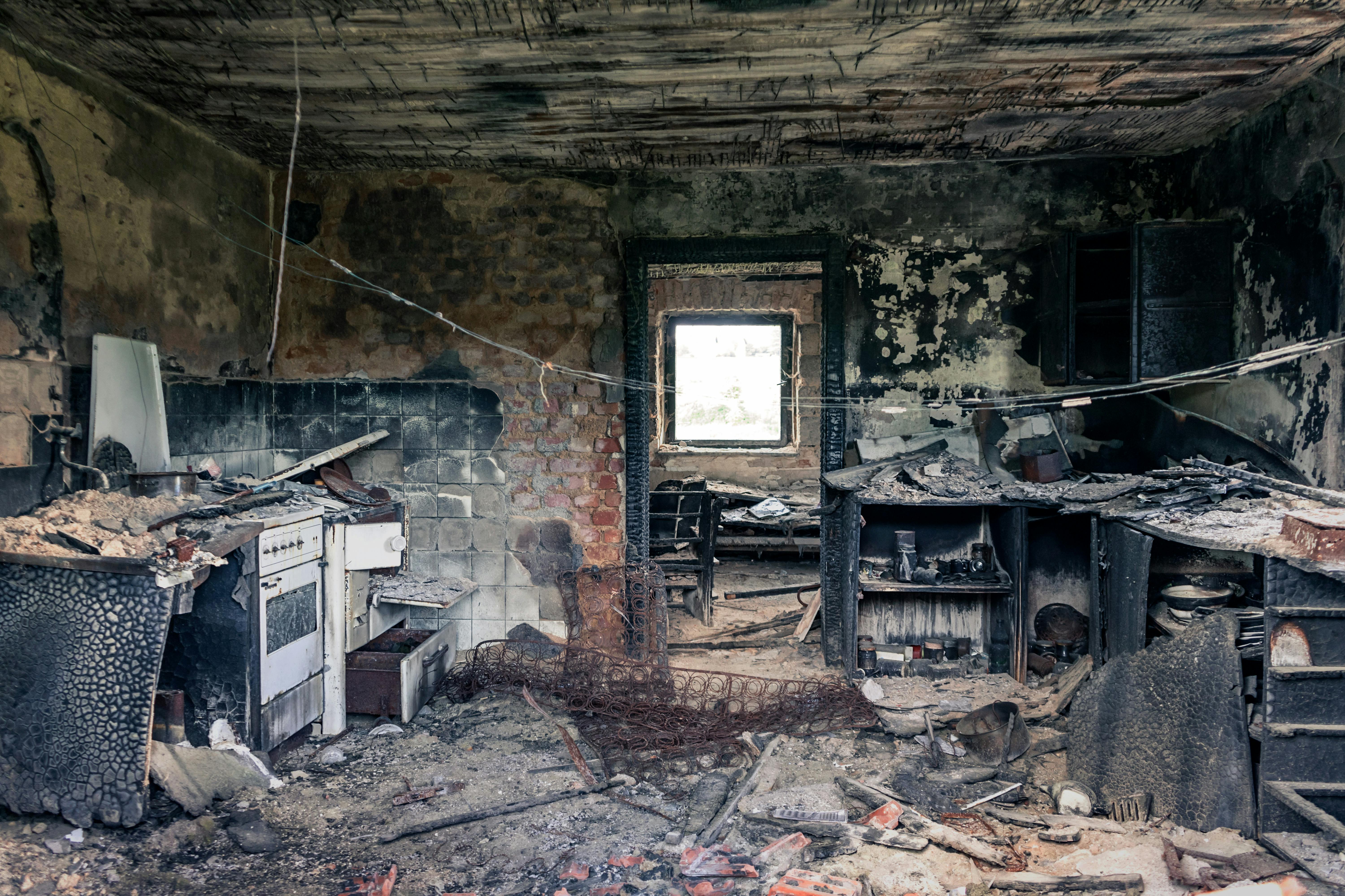 Burned kitchen in home, after a fire.