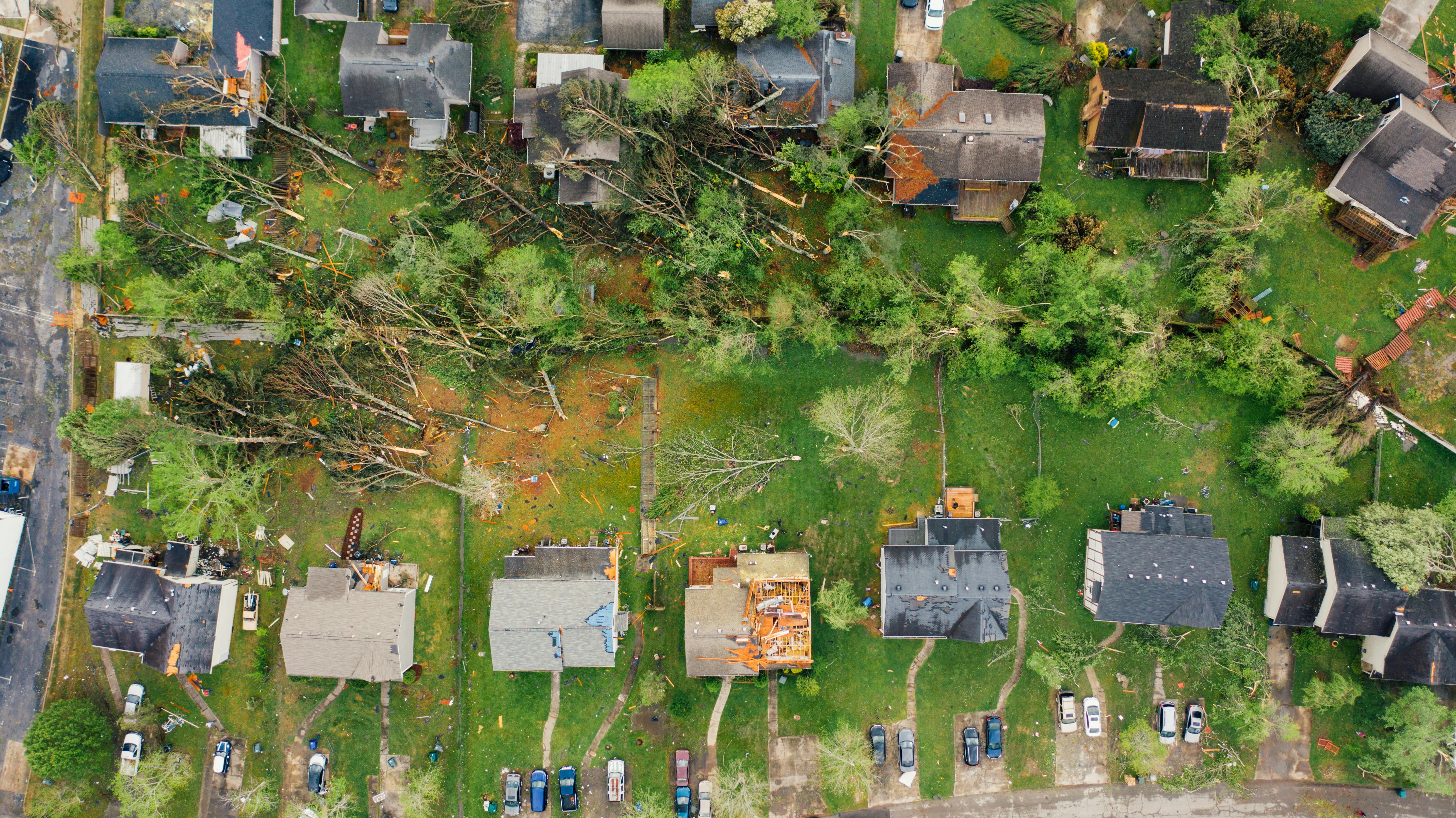 Birds eye view of a storm-damaged neighborhood. 
